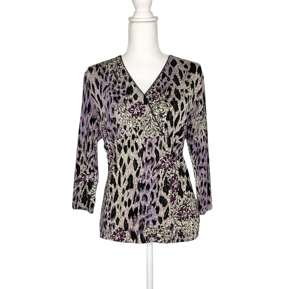 East 5th Purple Beige 3/4 Sleeve Cheetah V-Neck Baby Doll Medium